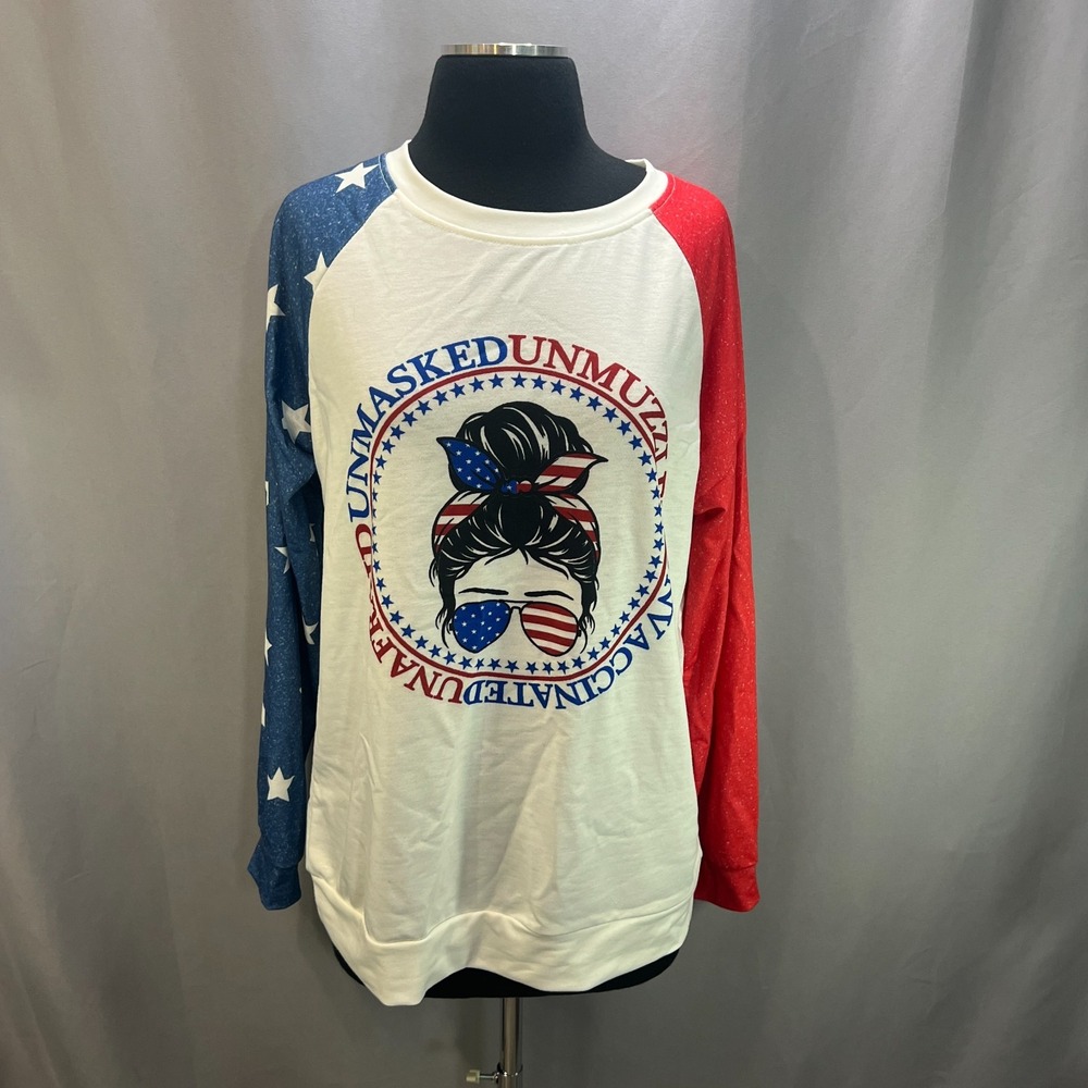 Womens Patriotic Graphic Shirt L Multi Unmasked Unmuzzled Unvaccinated Unafraid